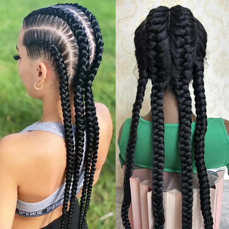 

Черный парик из синтетического волокна, термобезопасный, бесклеевой, косичка, плетеный парик с 4 косами, кружевной парик для модных женщин, повседневная жизнь