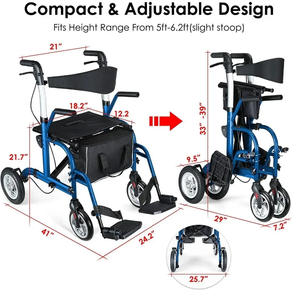 Rollateur 2 en 1 pour personnes âgées, trotteur médical avec siège, fauteuil roulant de transport pliant, grand arrière en PU de 10 po