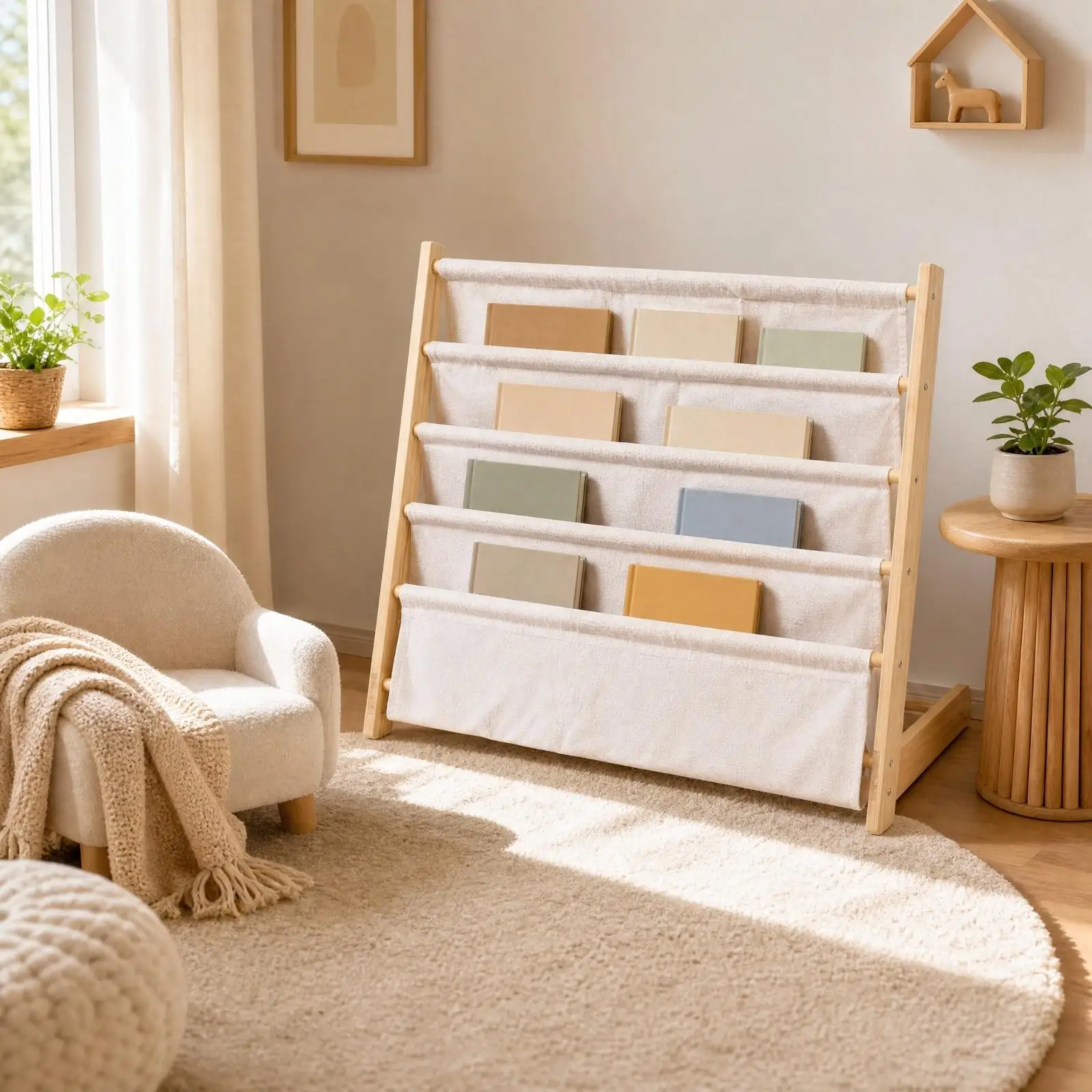 Solid Wood Book Rack with Cloth Pockets Freestanding Slanted Front Book Display Rack Floor Standing Bookshelf Stable - view 4