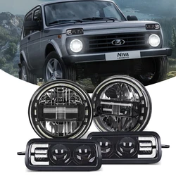 For LADA NIVA 4X4 LED Daytime Running Lights 7Inch Led Headlights DRL Turn Signal led lights led 12v Car light Assembly Jeep JK