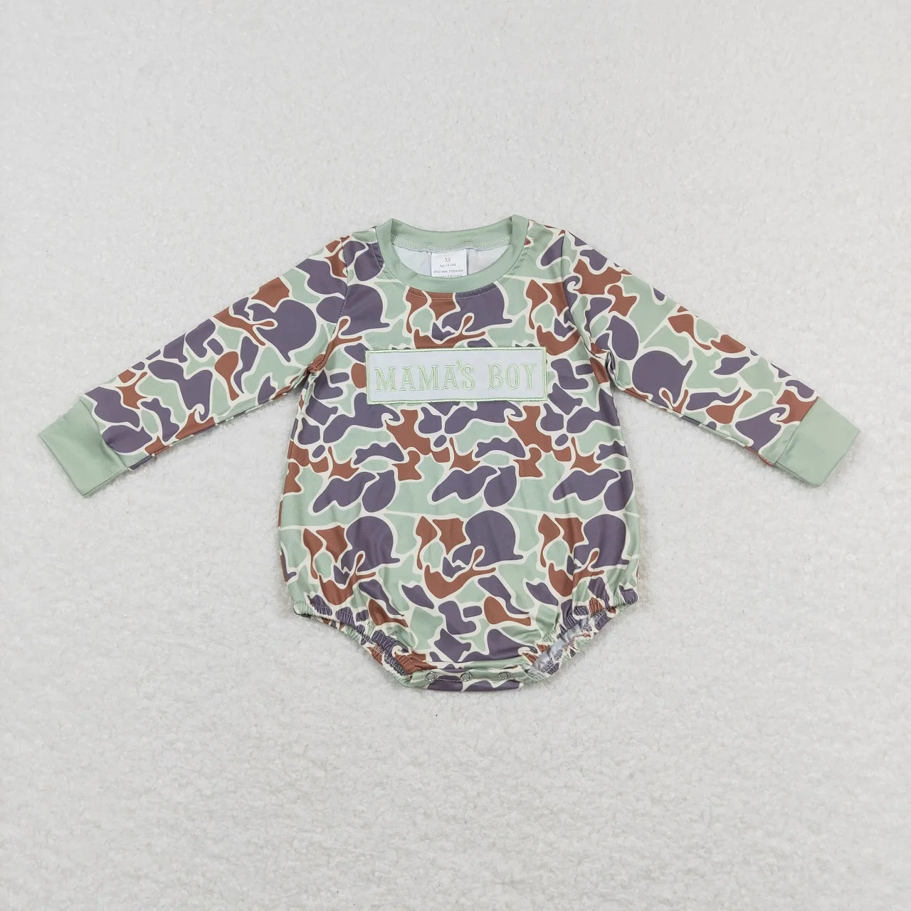 Wholesale Newborn Mama\'s Boy Embroidery Camo Romper Buttons Jumpsuit Toddler Kids Children Long Sleeves Bubble One-piece