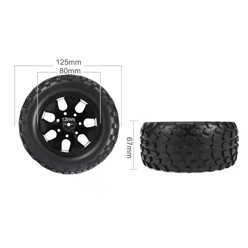 4 pz 125mm Gomma 1/10 RC Monster Truck Pneumatici e Cerchioni 12mm Esagonale Con Nylon 4mm Dadi di Bloccaggio Per Trxs Himoto HSP HPI Redcat