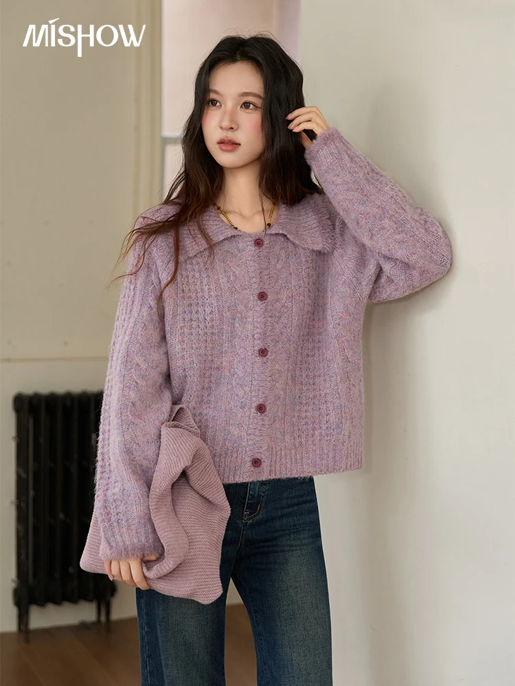 

MISHOW Cardigans Ladies 2025 Winter Loose Retro Purple Turn-down Collar Imitation Mink Sweater Commute knit Top MXE88Z2616