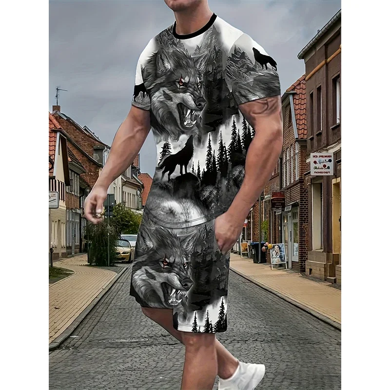 

2025 New Men's Sportswear Printed 3D Printed Men's Loose Round Neck Top T-shirt Shorts Summer Casual Refreshing Set