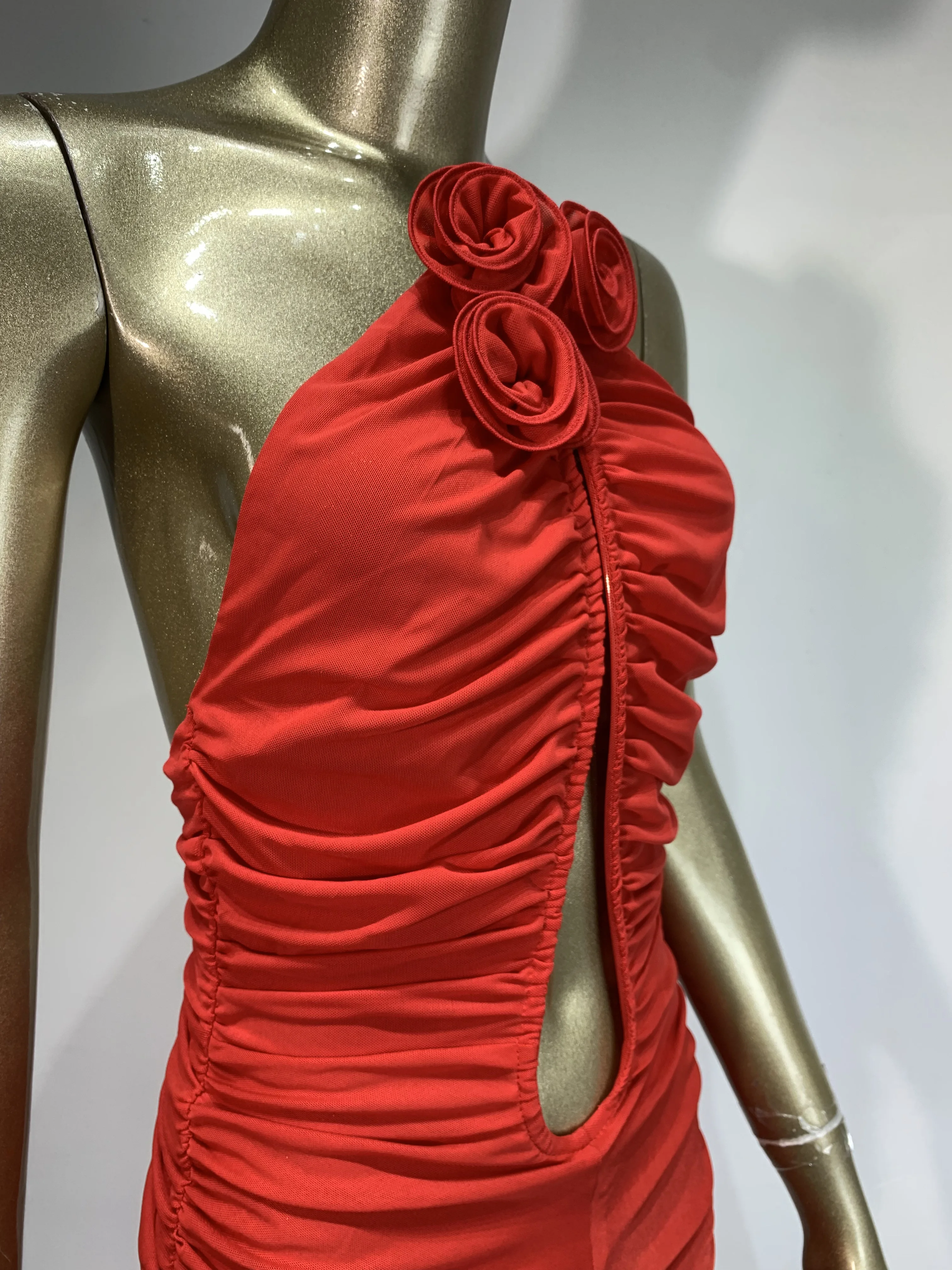 Chic INS Women Sexy Mesh Ruched Strapless Red Bodycon Flare Bandage Jumpsuit Celebrity Designer High Street Rompers