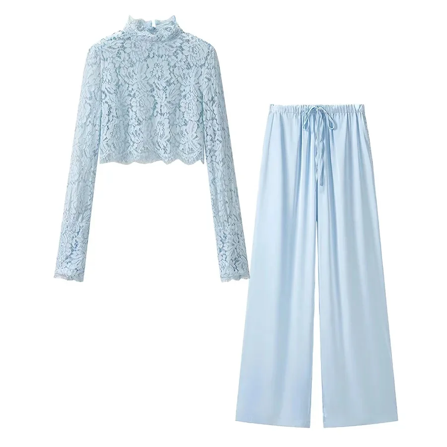 KONDALA Damen Elegantes Schickes Hosenset Blaue Spitze Durchsichtige Kurze Oberteile, Kordelzug Weite Hosen 2026 Sommer Trendiges Urlaubsset – Detail 3