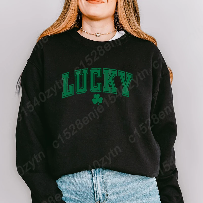 

New Popular Women's Long Sleeve Hoodless Pullovers St Patrick's Day Lucky Clover Graphic Round Neck Sweatshirts Solid Color Tops