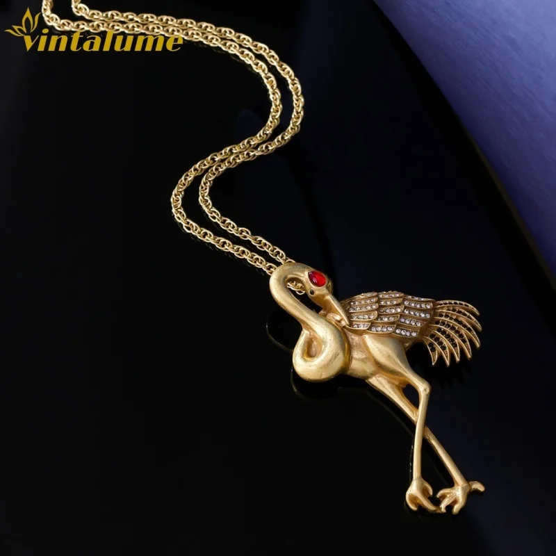 

Набор украшений Vintalume: позолоченное медное колье-кулон и брошь в форме журавля с фианитами, модный ювелирный набор для женщин, уникальный изящный подарок
