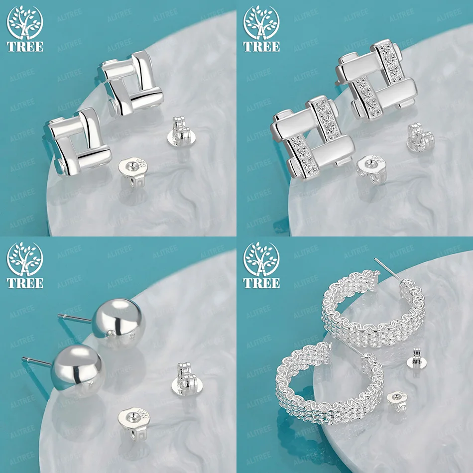 

925 Sterling Silver Round Square Stud Earring Classic Zircon Women Wedding Birthday Party Gift Fashion Trend Jewelry Accessories