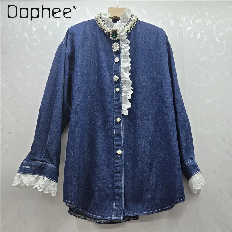 

Heavy Industry Bead Lace Splicing Contrasting Color Diamond Button Denim Shirt Women European American Fashion Casual Shirts