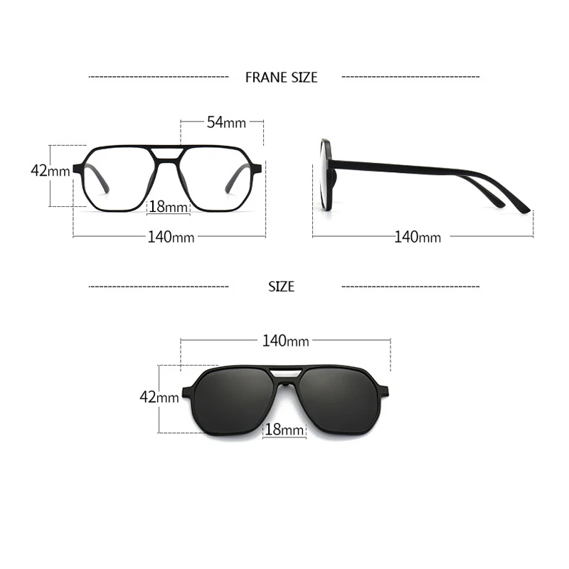 VCKA Big Frame Polarized Myopia Sunglasses 6 in 1 Prescription Magnetic Clip Men Women Glasses Custom Optical Eyewear -0.5 to-10