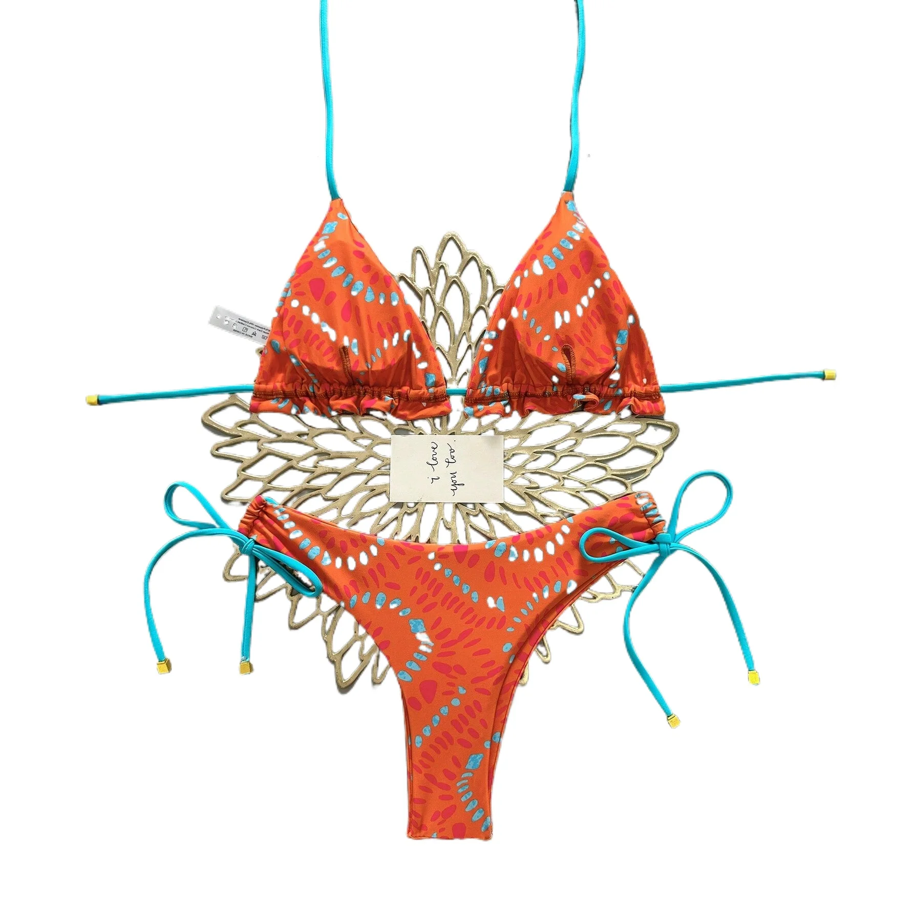 Customized LOGO women's European and American new orange printed strap bikini split swimsuit vacation swimsuit