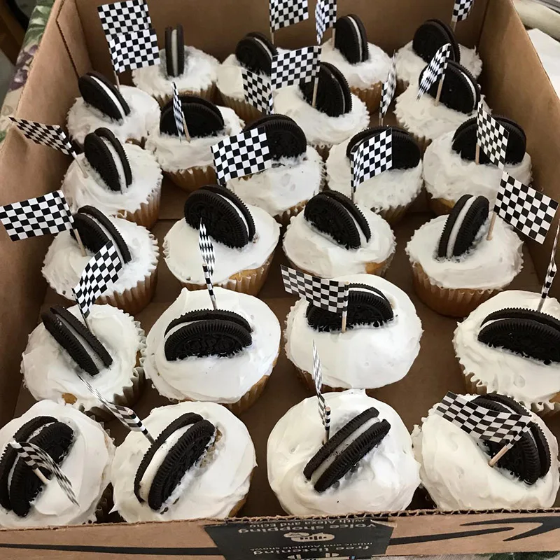 48pcs  Checkered Black and White Racing Stick Flag 100pcs Checkered Baking Cups Cupcake for Race Car Party Birthday Decorations