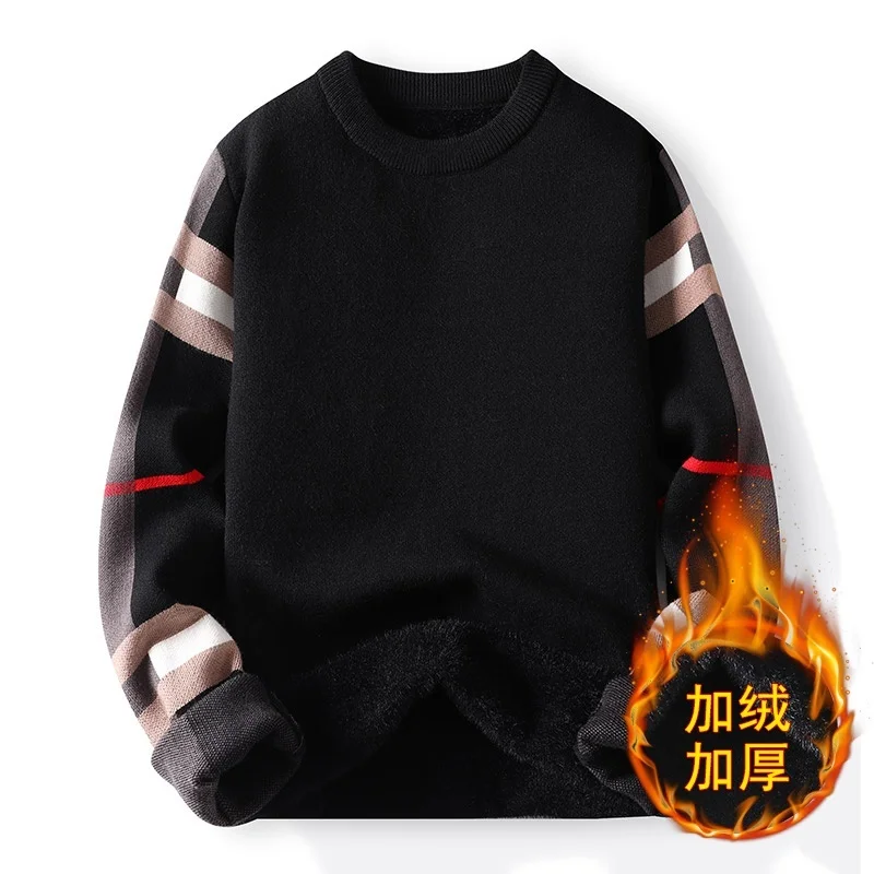 New Winter Luxury Designer Plus Velvet Sweater Men Spliced Color Knit Christmas Pullover High Quality Keep Warm Pull Homme 2024