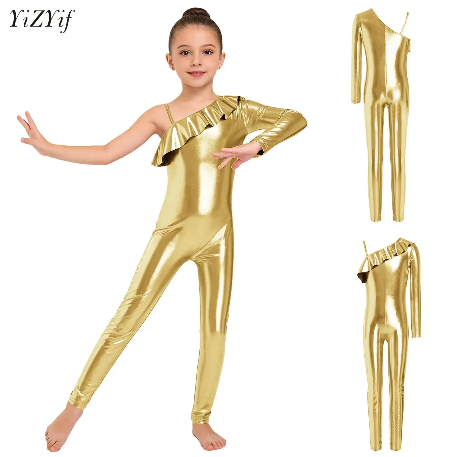 

Children Girls One Shoulder Metallic Shiny Zipper Jazz Dance Leotard Gymnastics Ballet Skating Acrobatics Yoga Sports Jumpsuit
