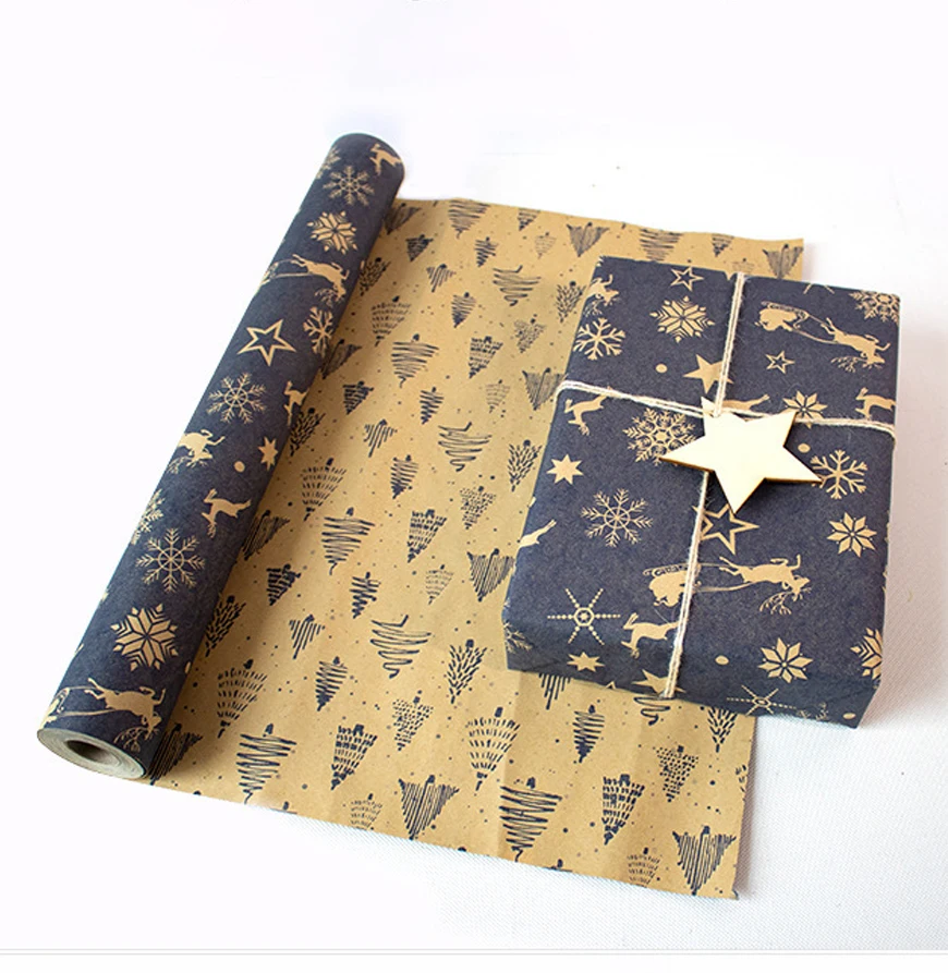 Papier d'emballage cadeau de noël, Bouquet imprimé Double face, papier d'emballage Kraft pour cadeau, papier décoratif pour fête de noël et du nouvel an