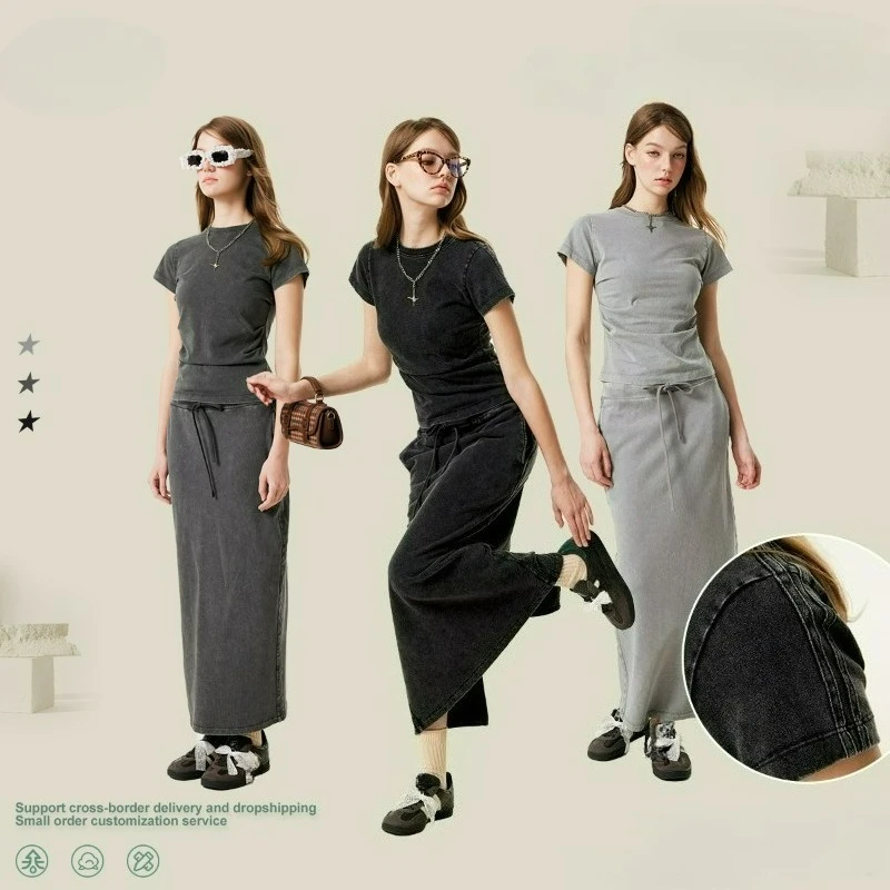 

Женская одежда, лето 2024, европейско-американская футболка для тяжелой промышленности, прямая юбка, темпераментный комплект, высокий смысл