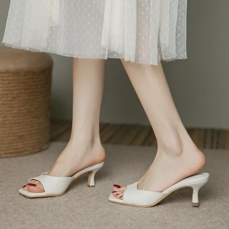 Genuine Leather French Slim Heel Slippers for Women's Summer New Fashionable Sandals Women Sweet Round Toe Slipper Ladies Shoes - view 5