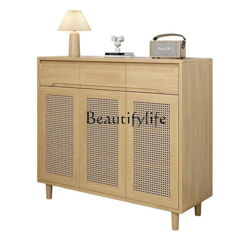 

S Solid Wood Rattan Shoe Cabinet Log Shoe Cabinet Nordic Locker