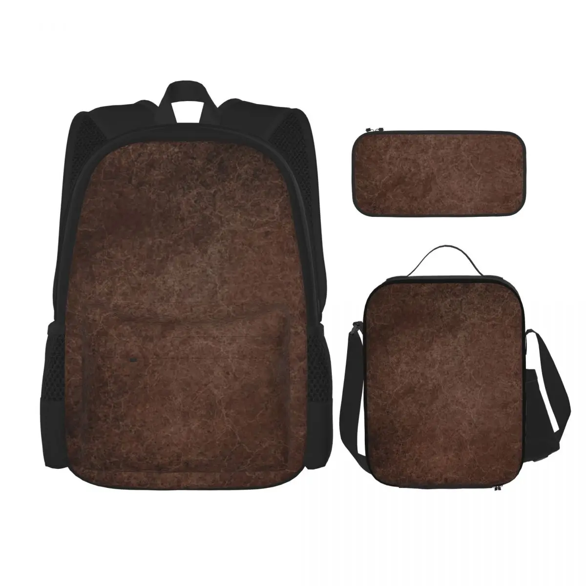 Brown Leather Vintage Textures Pattern Backpacks Students Bookbag School Bags Rucksack Lunch Bag Pen Bag Three-Piece Set