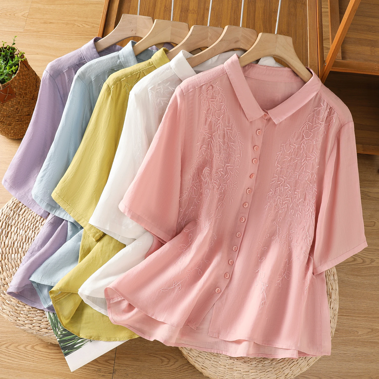 

2025 New Summer Fashion Embroidery Short Sleeve Chic Loose Casual Beach Elegant Blouse Shirts Women Vintage Office Ladies Tops