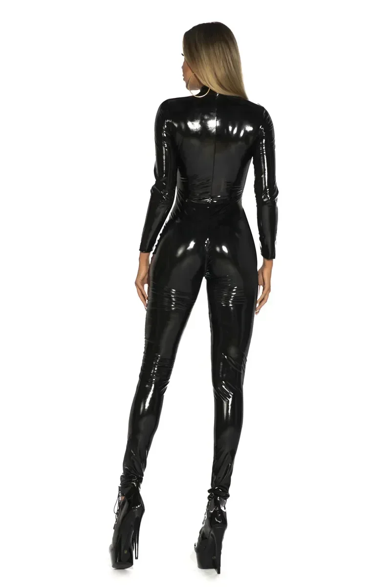 Combinaison en similicuir PU brillant pour femme, aspect dos nu, manches longues imbibées, fermeture éclair, entrejambe ouvert, batterie en latex,