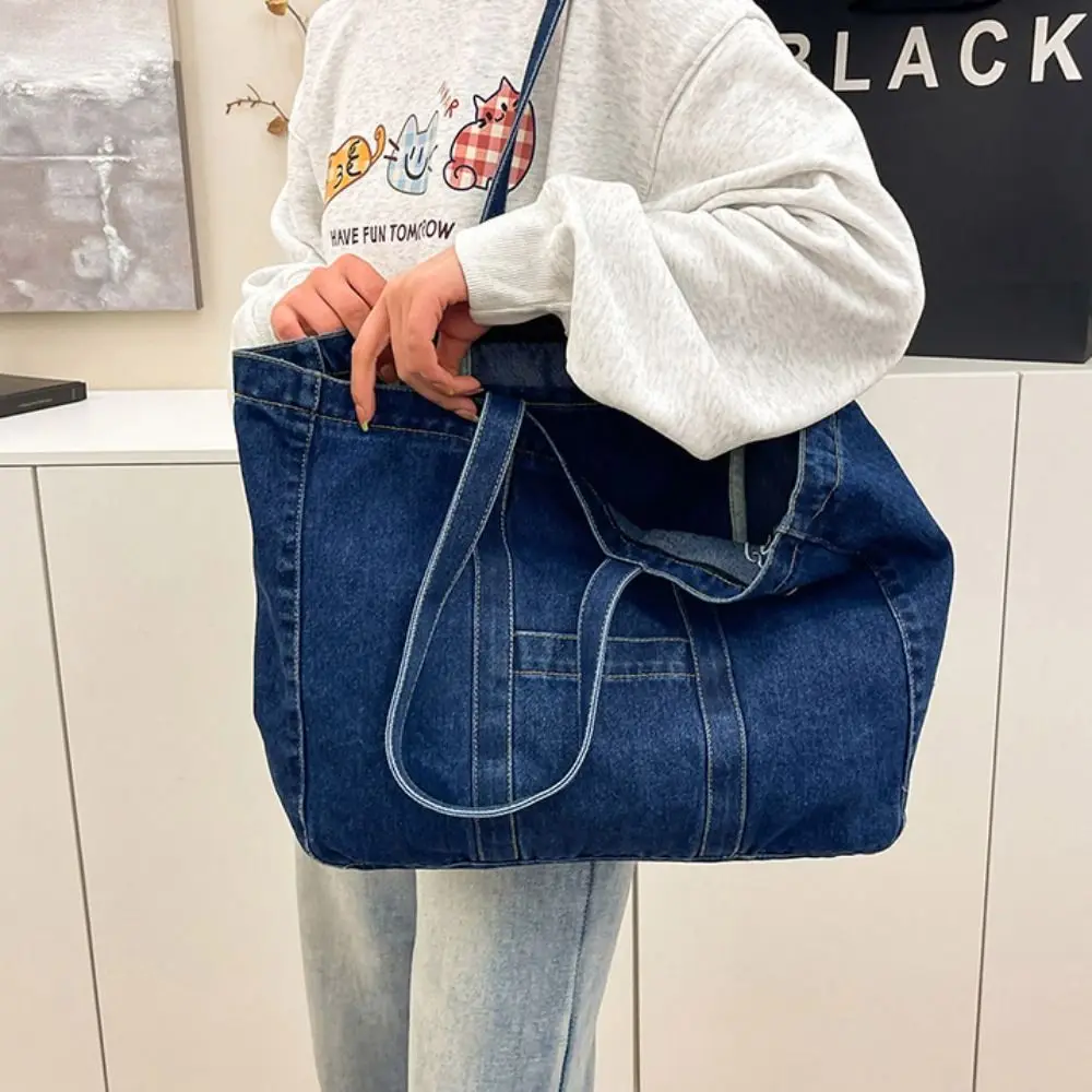 

Джинсовая сумка-тоут в корейском стиле, однотонная, большая вместительная сумка, вместительная сумка из искусственной кожи, сумка через плечо для офисных работников