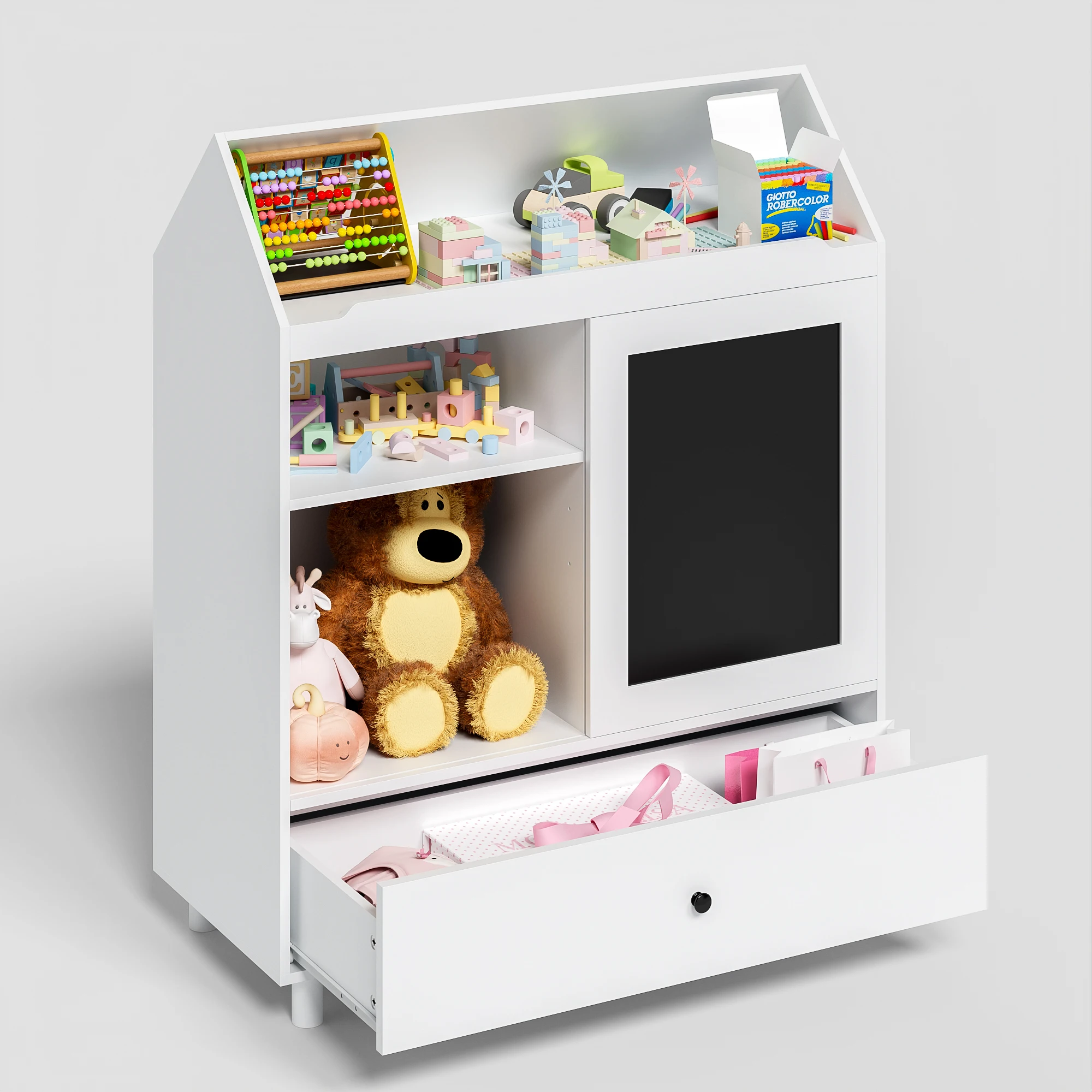 Rak Buku Anak Penyimpanan Mainan dengan Desain Rumah Papan Tulis Penyimpanan Mainan Anak dengan Pintu Geser Lemari Penyimpanan Mainan