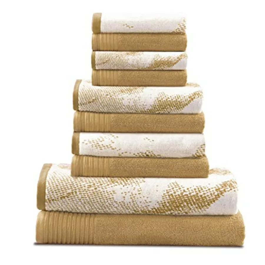 

Cotton 10 Piece Assorted Solid and Marble Towel Set for Bathroom Use, Bronze Color, Soft and Absorbent, Decorative Home Essenti