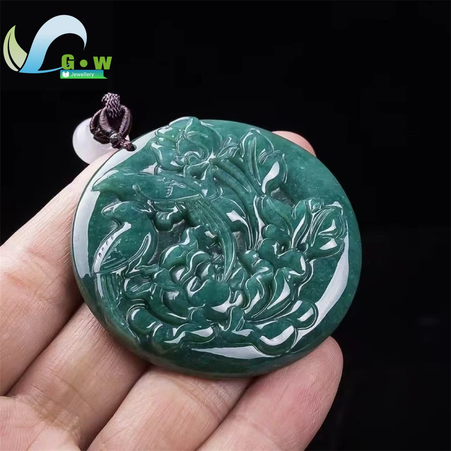 Natural Grade A Jadeite Blue Water Peony Blossoming Prosperity Pendant Minimalist Unisex Men Women Gemstone Necklace Jewelry