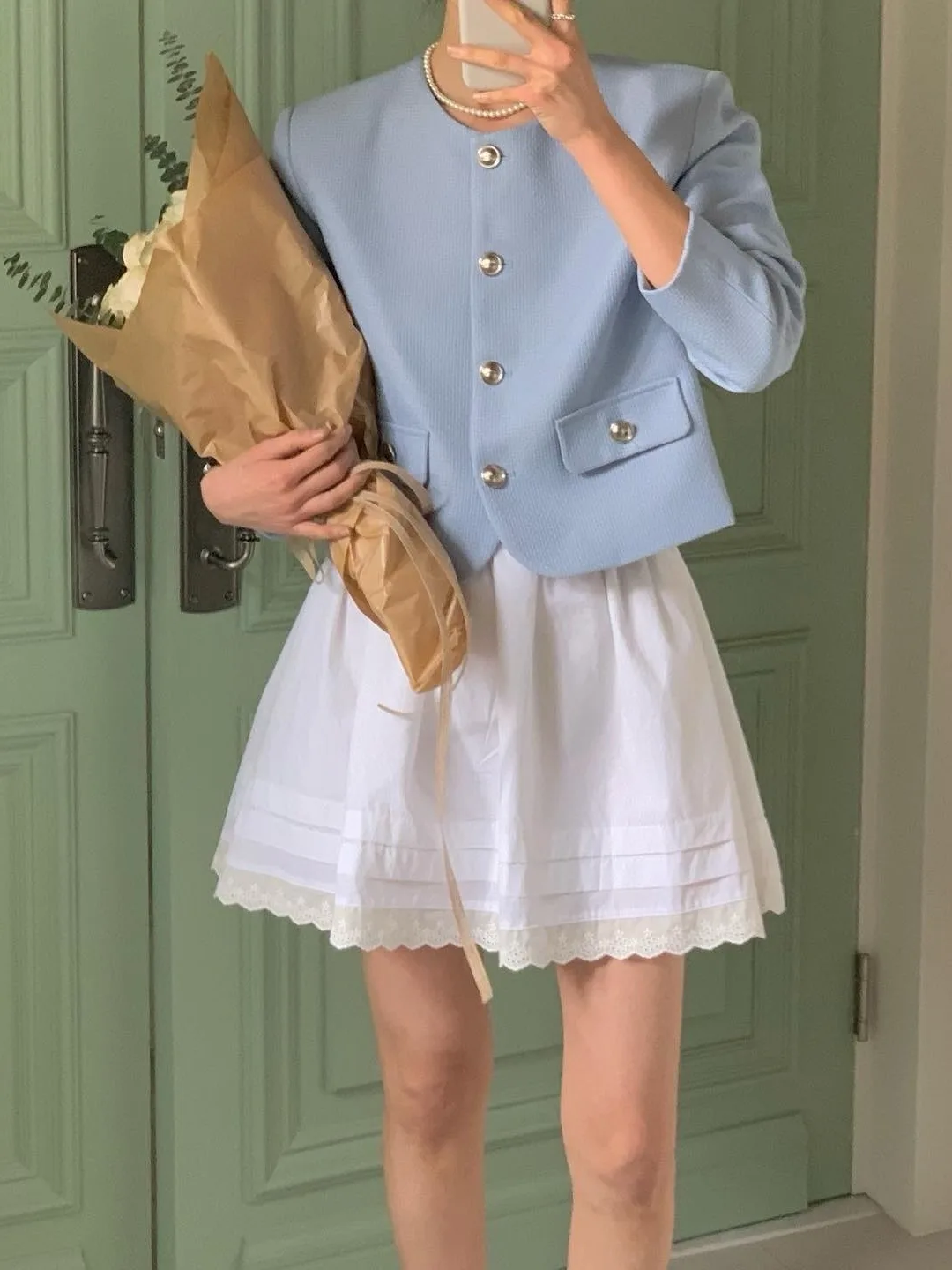 Blauw Koreaans Sle Loose Fit Lang Sve rond Ne Single Button Damespak Jaet Chic Casual Vest Top voor woon-werkverkeer