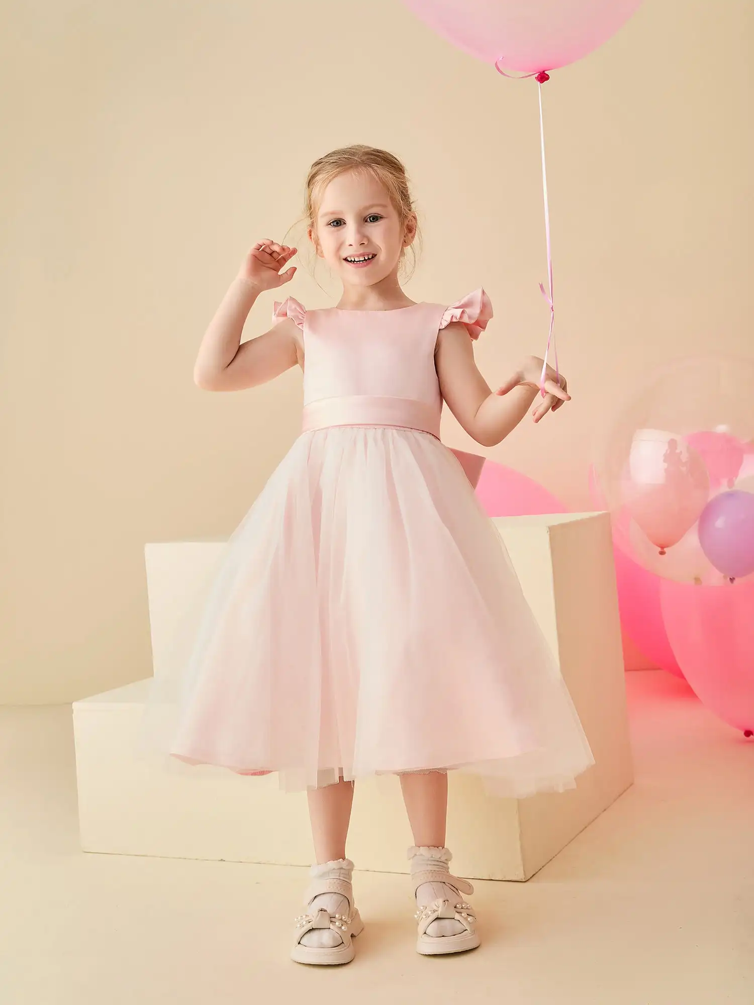 Vestido Flower Girl com Cap Sleeves, A-Line, Decote da colher, Cap Sleeve, Tule, Cetim, Casamento, Crianças, Aniversário, Chá-Length Party Gowns