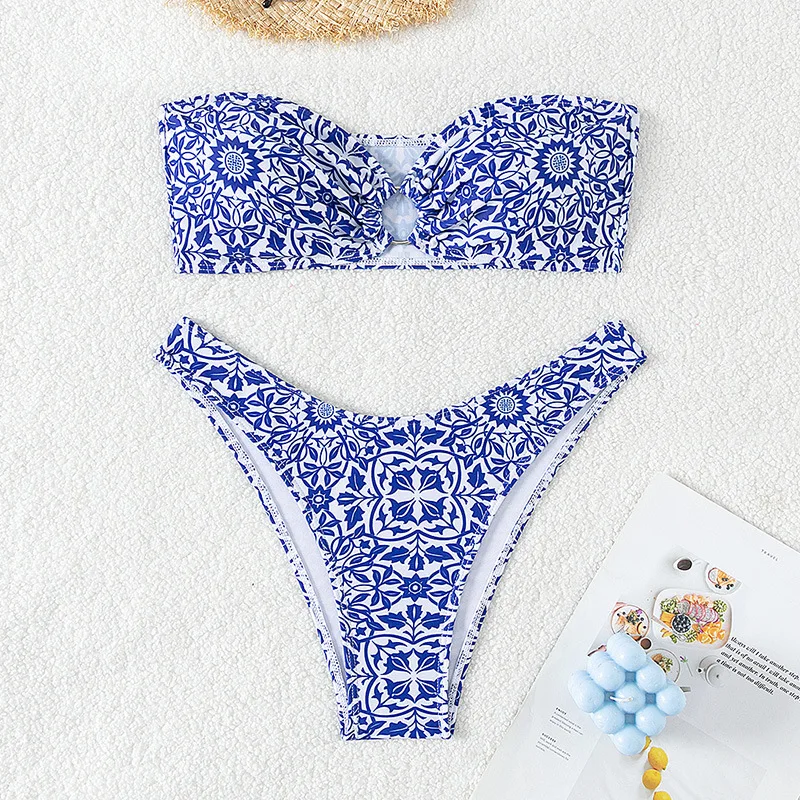 

sexy blue and white floral print bandeau bikinis sets two pieces swimsuit padded thong swimwear female bathing suit biquini