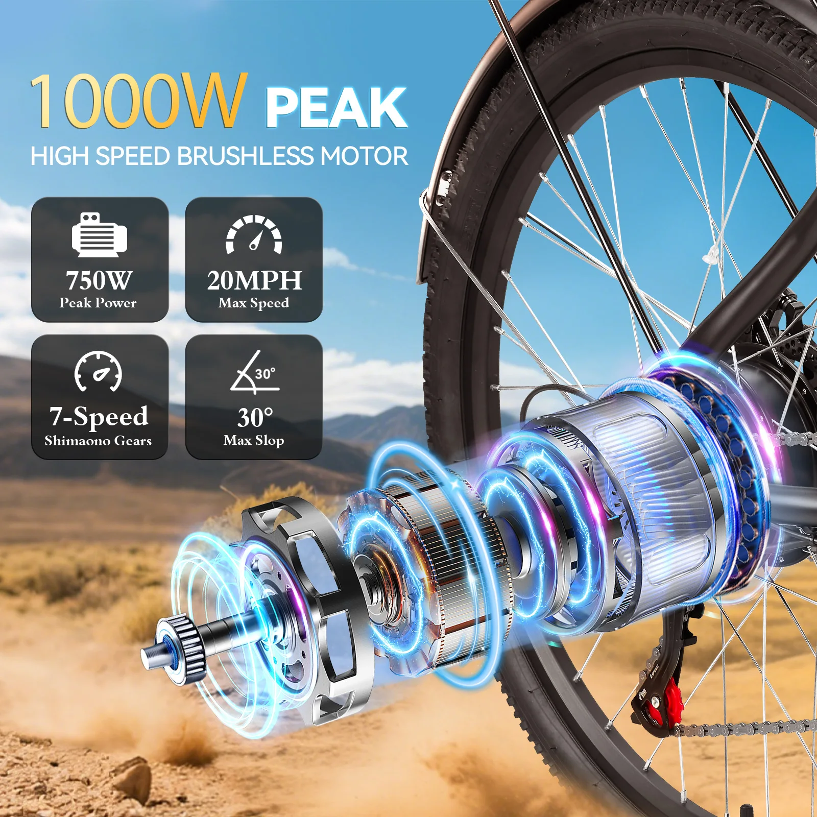 1000W Peak Electric Bike for Adult,26" Tires 50Miles Range Commuting Ebike,Removable,20MPH,7-Speed