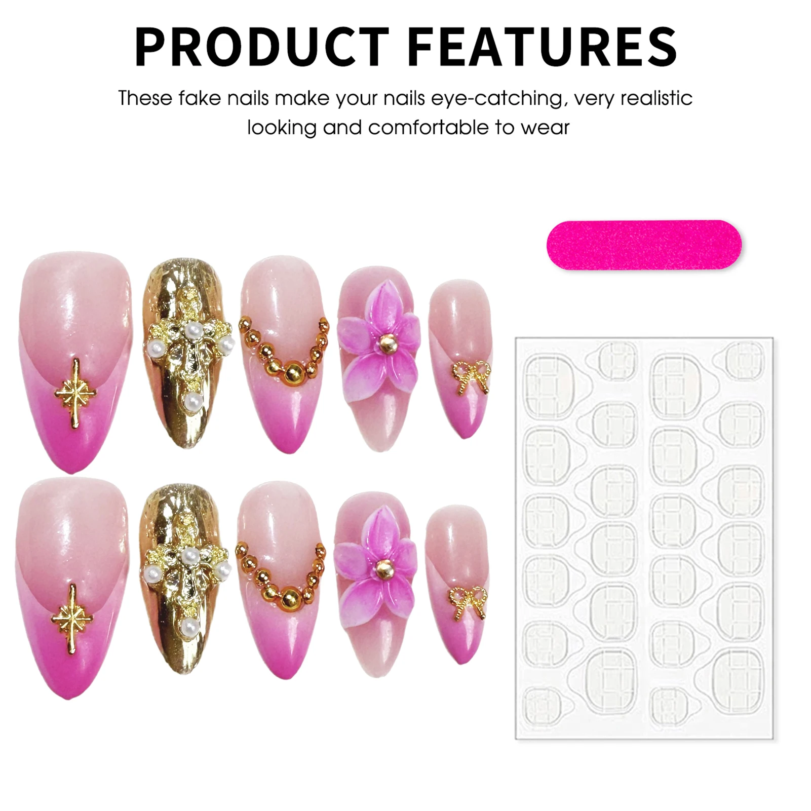 10 szt. Różowe Migdałowe Sztuczne Paznokcie 3D Kwiaty Dekoracja Paznokci Dociskanych Francuski Gradient Ręcznie Robione Sztuczne Paznokcie Z Złotymi Gwiazdkami i Kokardkami