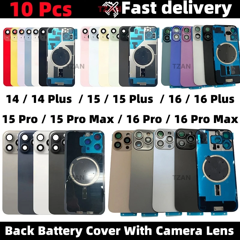 10Pcs For iPhone 14 15 16 Pro Max Plus Back Glass Panel With Camera Lens Iron Plate Magnetic Metal Ring Battery Cover Rear Frame