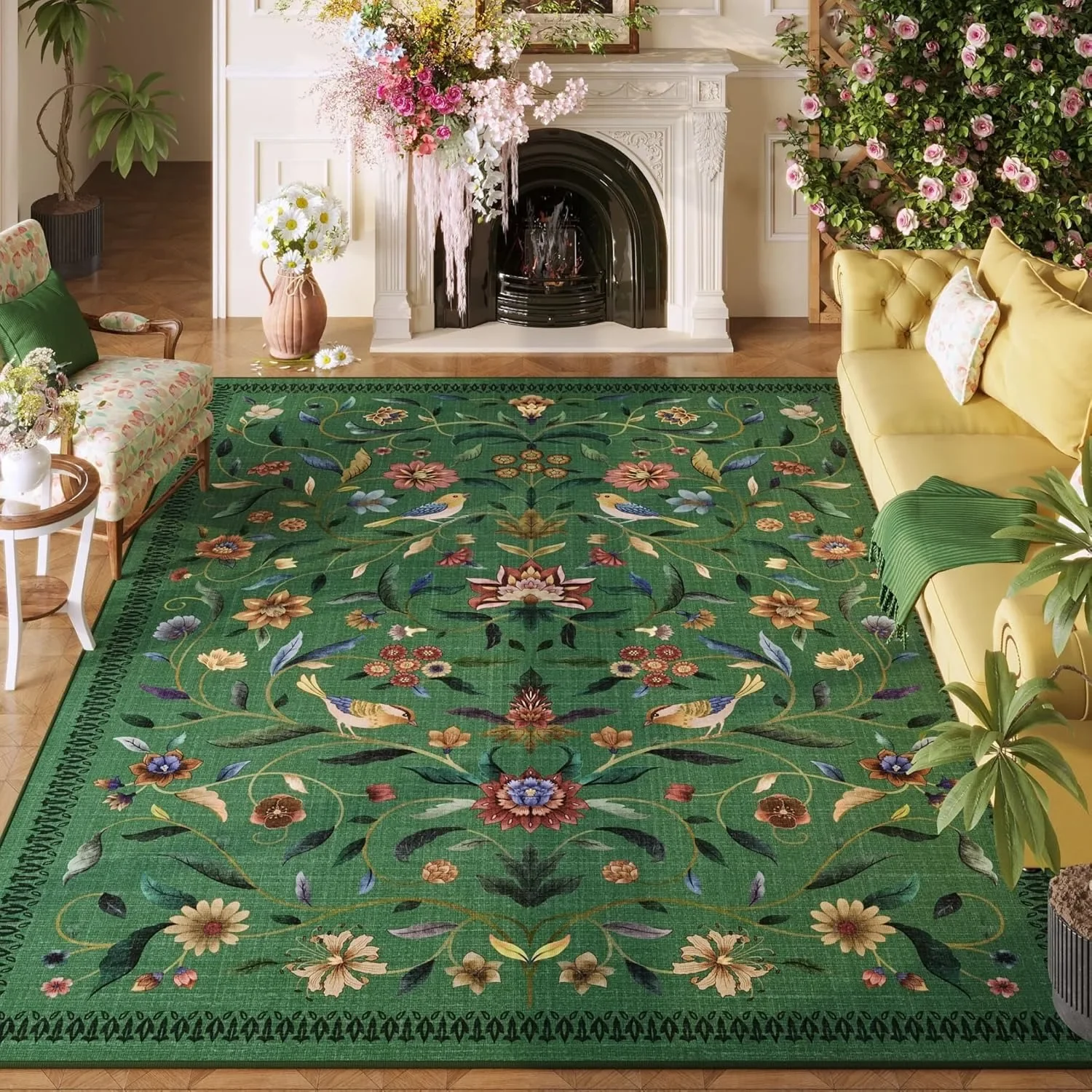 English Countryside Bird Flower Area Rug Living Room Carpet Romantic Floral Design Soft Durable Home Decor Vintage Garden Styles