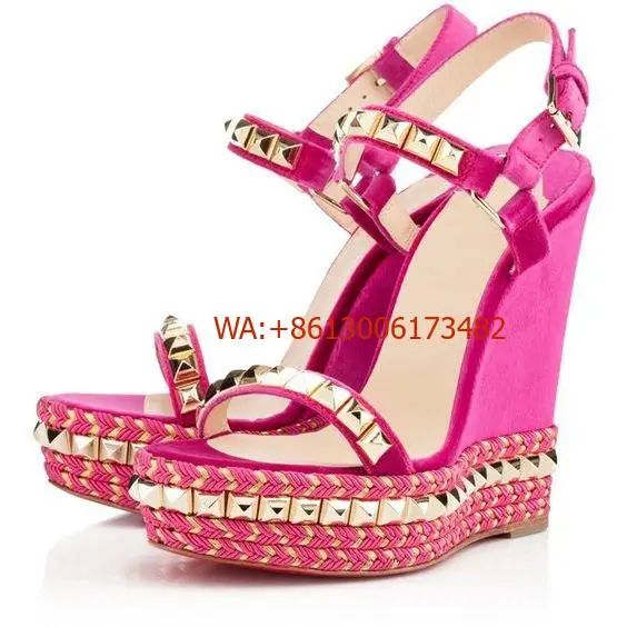 Wedges Platform Weave Pyramid Studded Sandals Women High Heel Buckle Slingback Luxury Sandals Lady Metallic-Trimmed Shoes Suede