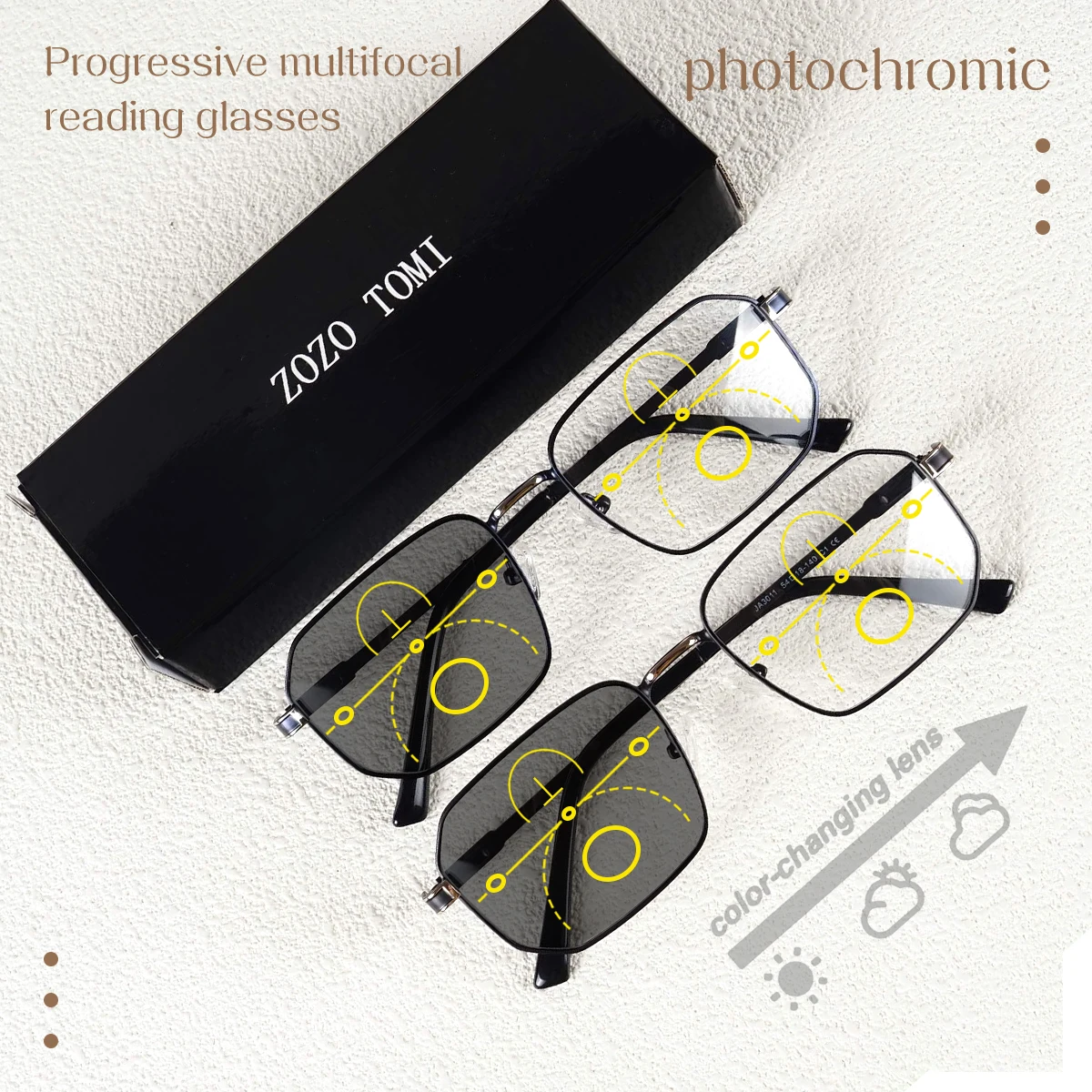 Photochrome, progressive multifokale Lesebrille, geeignet für verschiedene Szenarien, Metallfederbügel, Blaulichtfiltergläser, klare Sicht, leicht zu tragen, geeignet für Männer und Frauen.