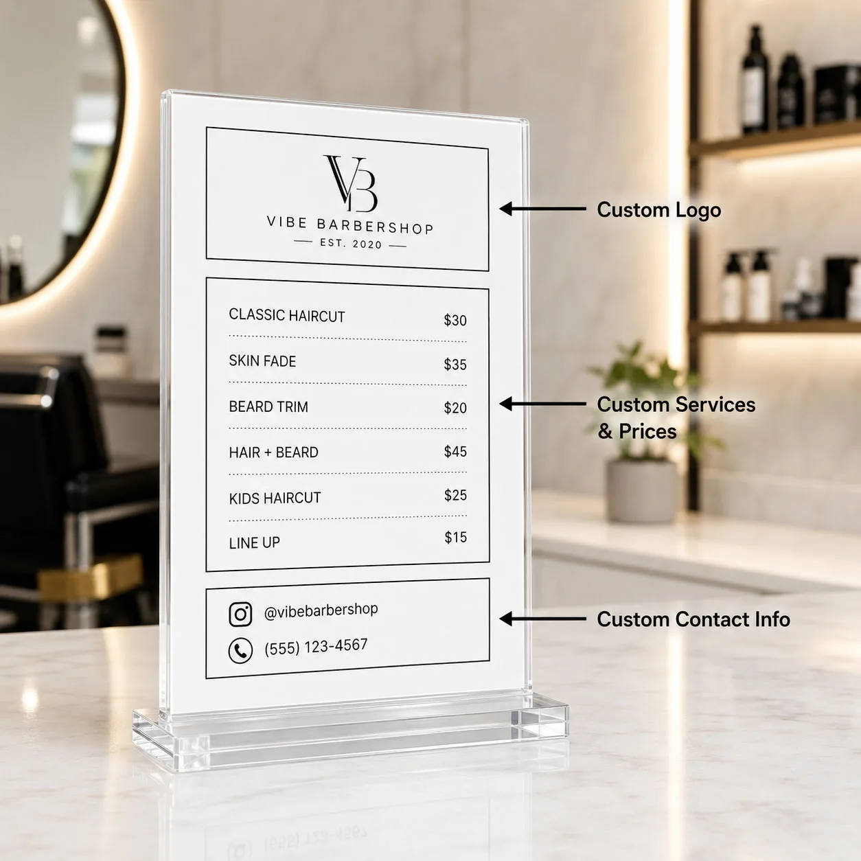 Custom Acrylic Salon Price List Sign Personalized Hair Beauty Service Menu for Spa Nail Lash Barbershop Business Display