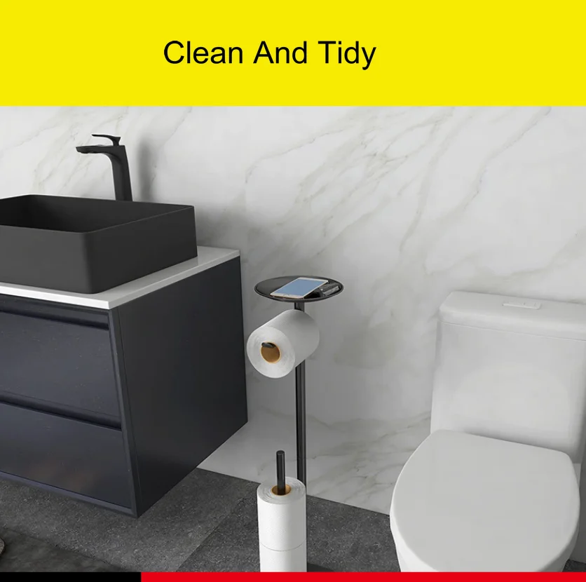 Stainless steel Floor-to-ceiling roll paper holder toilet perforation-free vertical paper towel holder mobile phone storage rack