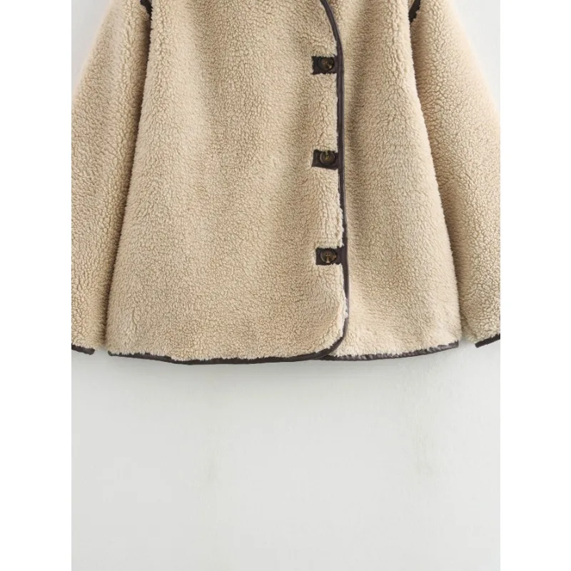 Outono inverno casaco de lã retalhos jaqueta quente feminina jaqueta de pele sintética de manga comprida topo fofo solto único breasted na moda