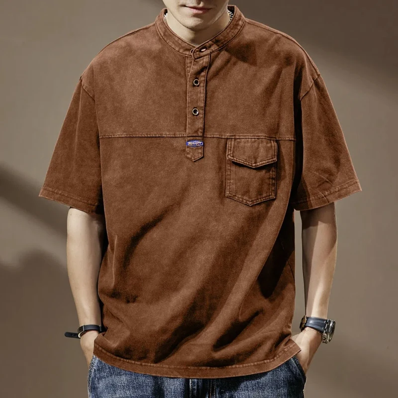 

Men's T-shirt Short-sleeved Fermented Nostalgic Washing Polo Shirt High-end Loose Trendy Brand Round-neck Washing Old