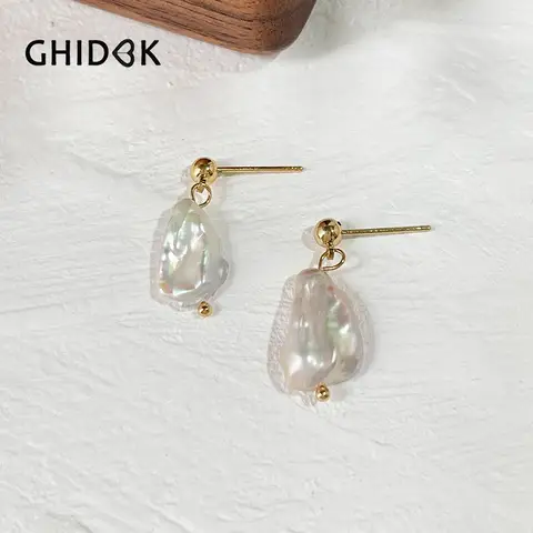 Ghidbk Minimalist Baroque Natural Freshwater Pearl Charm Stud Earring Women Elegant Environmentally Friendly Copper Drop Earring