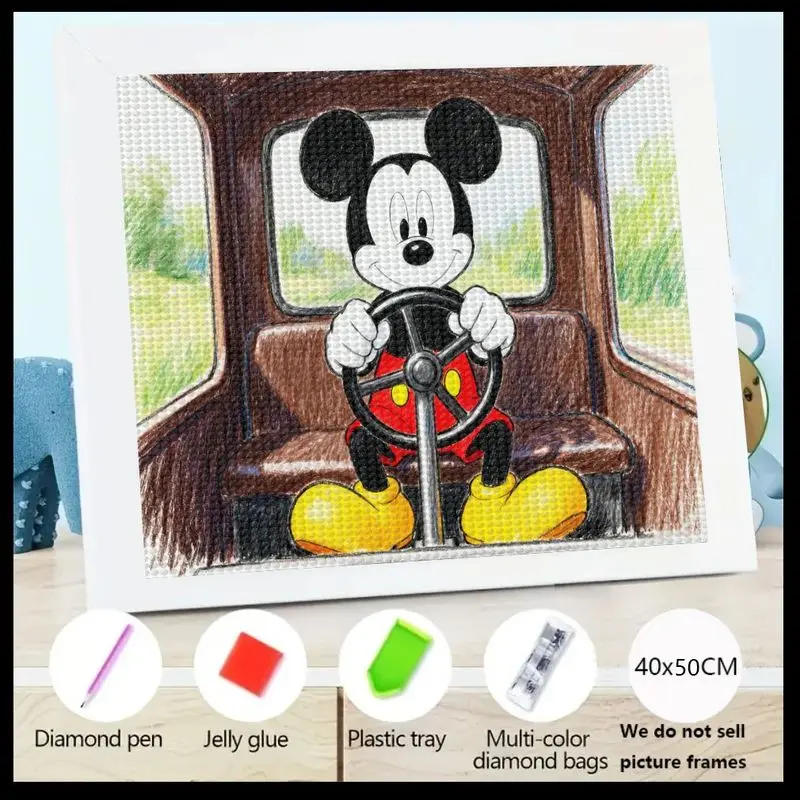 

1PC 5D Mickey Mouse Driving Diamond Painting Kit, Full Drill Round Crystal Gem Art, DIY Cartoon Disney Character Picture for Kid