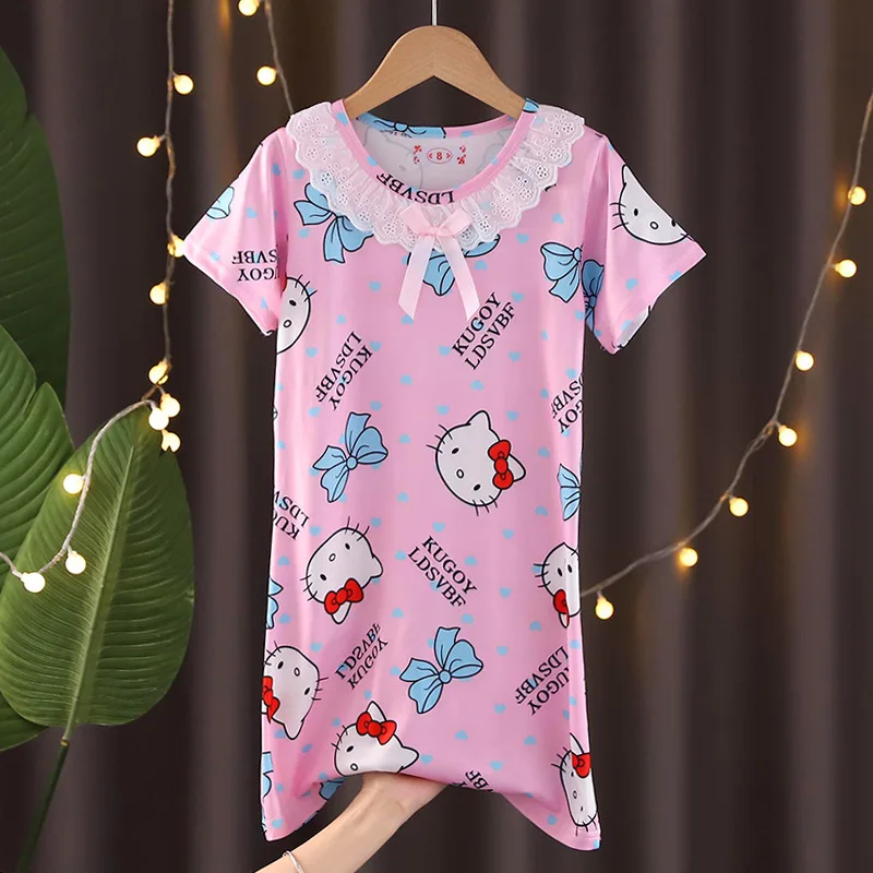 Kawaii Children's Nightdress Girls' Pajamas Summer Princess Lace Short-sleeved Home Wear Summer Air Conditioning Wear Loungewear