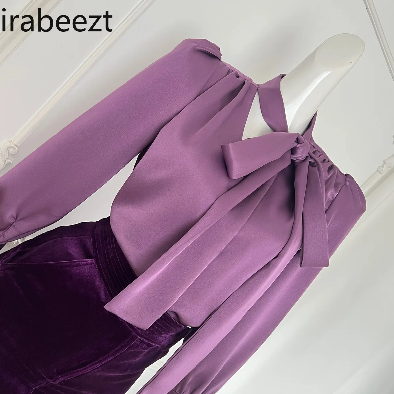 Taro V-neck Ribbon Satin Shirt + Dark Night Purple Velvet Skirt Women Two Pieces Set Regular Fit Costume Deux Pieces Femme