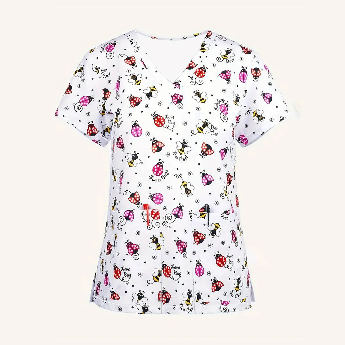 Scrub Medical Woman Cute Bee Print Microelastic Dental Nursing Tops Fashion V-Neck Short Sleeve Patch Pocket Nurse Uniform Woman