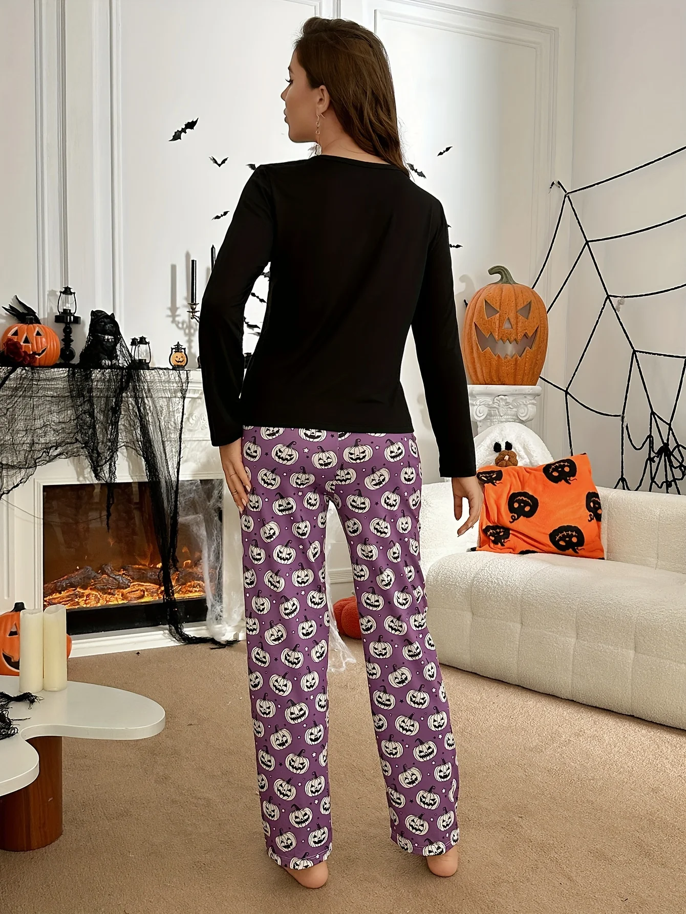 Halloween Limited Two-Piece Autumn Pajamas, Casual and Cute Pumpkin Cartoon Print Long-Sleeved Pajama Pants Set