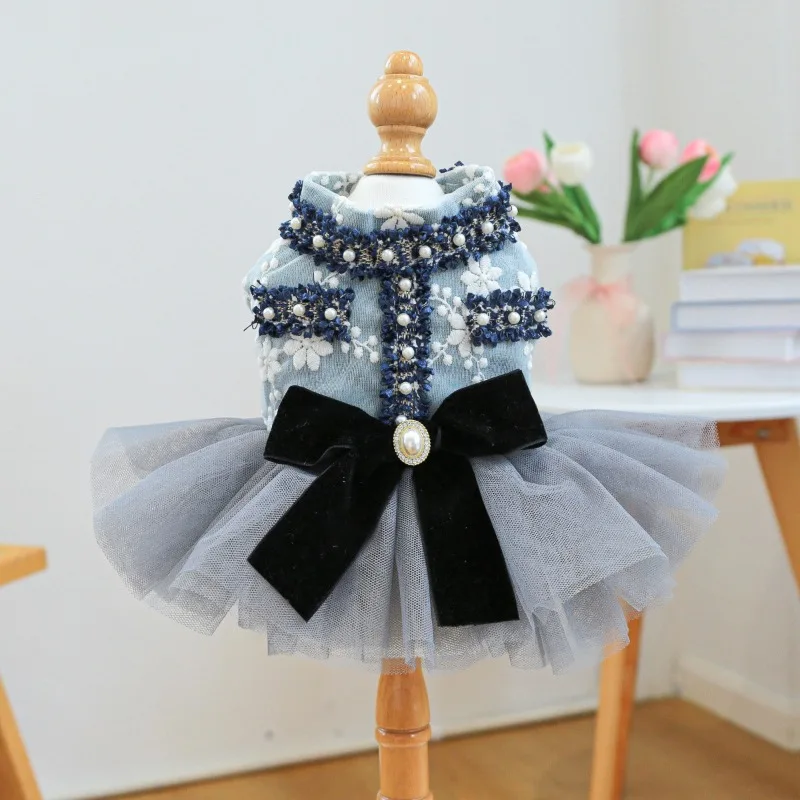 2024 Pet Clothing Spring and Autumn Cute Dress Grey Blue Fragrant Wind Dress Skirt